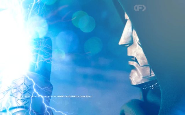 Doutor Destino em close de perfil aparando o martelo do Thor com apenas dois dedos. Na faixa inferior o endereço farofeiros.com.br