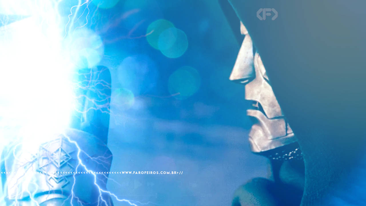Doutor Destino em close de perfil aparando o martelo do Thor com apenas dois dedos. Na faixa inferior o endereço farofeiros.com.br