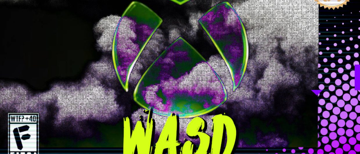 Capa do WASD podcast mostrando uma lápide com o símbolo da XBOX deteriorando em meio a fumaça com efeitos cinzas e roxos. Na parte inferior, o título "WASD" em letras verde fluorescentes com tinta pingando, sobre o endereço farofeiros.com.br. No canto inferior esquerdo, classificação indicativa paródica "WTF? +40" e " F" e "EITA!". No canto superior direito, o logotipo do Farofeiros em dourado. À direita, painel decorativo preto com bolinhas roxas em estilo retro como se fosse a caixa de um jogo de Super Nintendo.