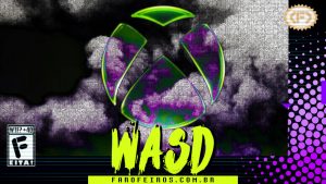 Capa do WASD podcast mostrando uma lápide com o símbolo da XBOX deteriorando em meio a fumaça com efeitos cinzas e roxos. Na parte inferior, o título "WASD" em letras verde fluorescentes com tinta pingando, sobre o endereço farofeiros.com.br. No canto inferior esquerdo, classificação indicativa paródica "WTF? +40" e " F" e "EITA!". No canto superior direito, o logotipo do Farofeiros em dourado. À direita, painel decorativo preto com bolinhas roxas em estilo retro como se fosse a caixa de um jogo de Super Nintendo.