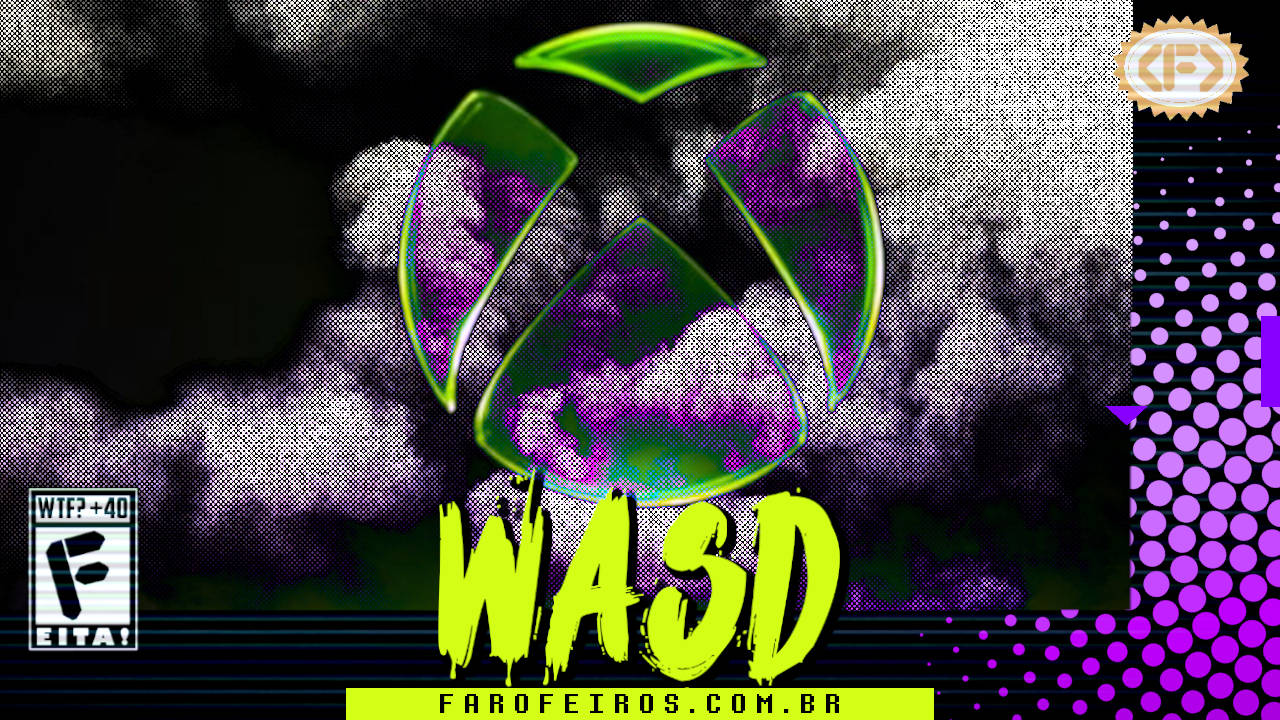 Capa do WASD podcast mostrando uma lápide com o símbolo da XBOX deteriorando em meio a fumaça com efeitos cinzas e roxos. Na parte inferior, o título "WASD" em letras verde fluorescentes com tinta pingando, sobre o endereço farofeiros.com.br. No canto inferior esquerdo, classificação indicativa paródica "WTF? +40" e " F" e "EITA!". No canto superior direito, o logotipo do Farofeiros em dourado. À direita, painel decorativo preto com bolinhas roxas em estilo retro como se fosse a caixa de um jogo de Super Nintendo.