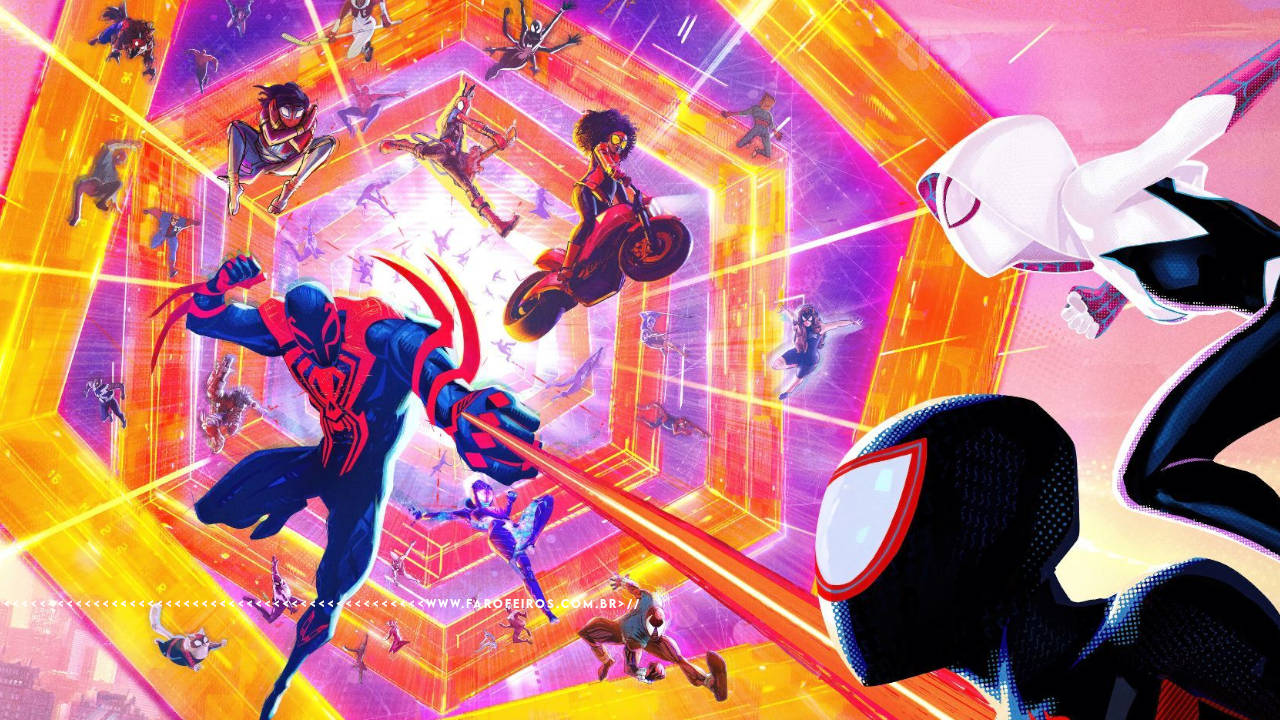 Ilustração de Aranhaverso onde Miles e Gwen observam Homem Aranha 2099 e muitos outros surgirem de um portal laranja. Na faixa inferior o endereço farofeiros.com.br.
