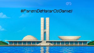 Imagem da campanha Pare de Matar os Games com uma figura pixelada do Congresso Brasileiro. Na faixa inferior o endereço farofeiros.com.br.