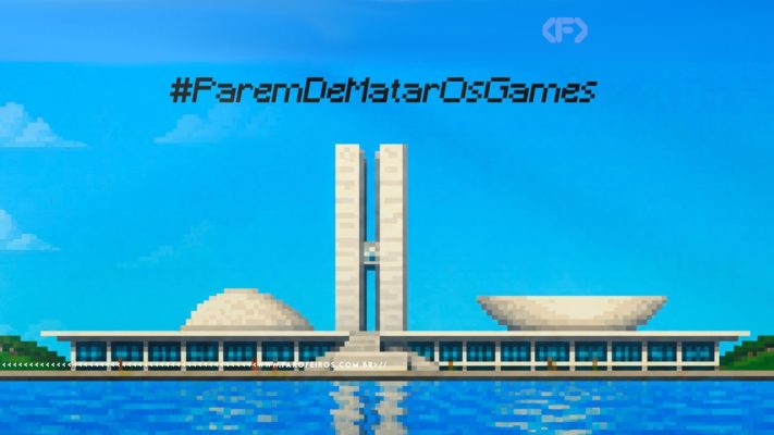 Imagem da campanha Pare de Matar os Games com uma figura pixelada do Congresso Brasileiro. Na faixa inferior o endereço farofeiros.com.br.
