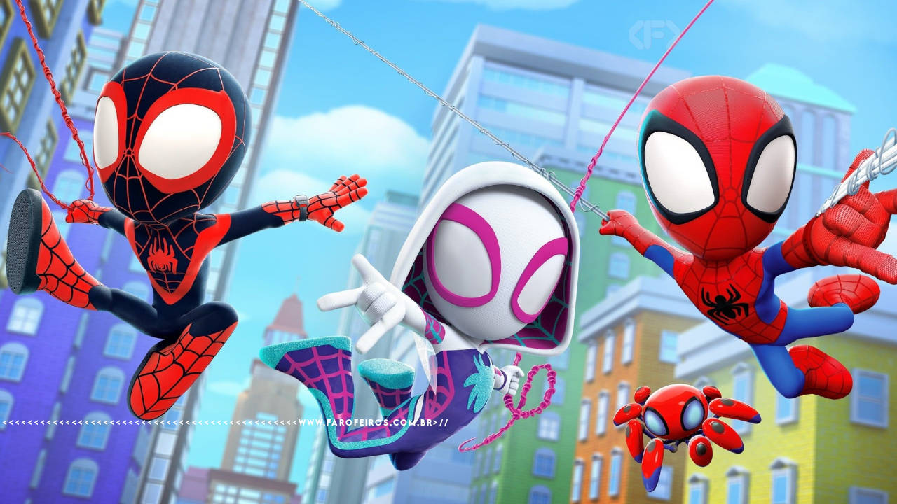 Imagem de divulgação de Homem Aranha e seus amigos incríveis com Spin - Aranha Fantasma e Homem Aranha. Na faixa inferior o endereço farofeiros.com.br.