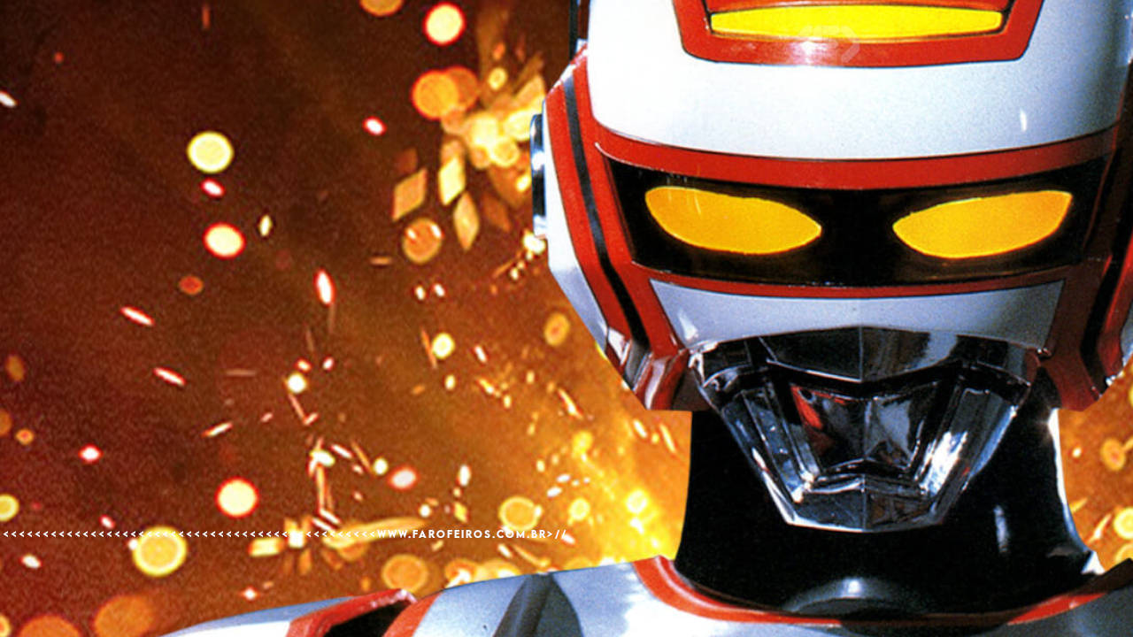 Jaspion em sua armadura em imagem que foca em seu capacete com os olhos com luzes acesas em frente a uma explosão - FAROFEIROS.COM.BR