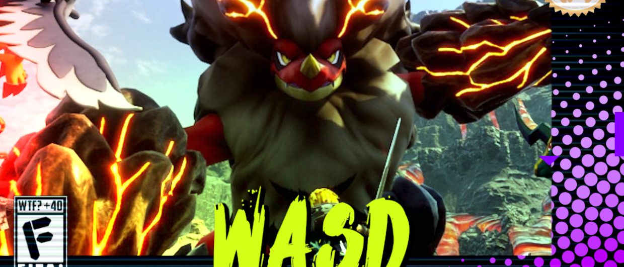 Capa do WASD podcast mostrando um Pal lendário com chifres e veias encandecestes saindo de sua cabeça. Na parte inferior, o título "WASD" em letras verde fluorescentes com tinta pingando, sobre o endereço farofeiros.com.br. No canto inferior esquerdo, classificação indicativa paródica "WTF? +40" e " F" e "EITA!". No canto superior direito, o logotipo do Farofeiros em dourado. À direita, painel decorativo preto com bolinhas roxas em estilo retro como se fosse a caixa de um jogo de Super Nintendo.