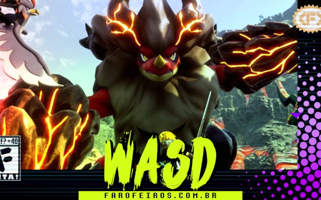 Capa do WASD podcast mostrando um Pal lendário com chifres e veias encandecestes saindo de sua cabeça. Na parte inferior, o título "WASD" em letras verde fluorescentes com tinta pingando, sobre o endereço farofeiros.com.br. No canto inferior esquerdo, classificação indicativa paródica "WTF? +40" e " F" e "EITA!". No canto superior direito, o logotipo do Farofeiros em dourado. À direita, painel decorativo preto com bolinhas roxas em estilo retro como se fosse a caixa de um jogo de Super Nintendo.