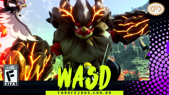 Capa do WASD podcast mostrando um Pal lendário com chifres e veias encandecestes saindo de sua cabeça. Na parte inferior, o título "WASD" em letras verde fluorescentes com tinta pingando, sobre o endereço farofeiros.com.br. No canto inferior esquerdo, classificação indicativa paródica "WTF? +40" e " F" e "EITA!". No canto superior direito, o logotipo do Farofeiros em dourado. À direita, painel decorativo preto com bolinhas roxas em estilo retro como se fosse a caixa de um jogo de Super Nintendo.