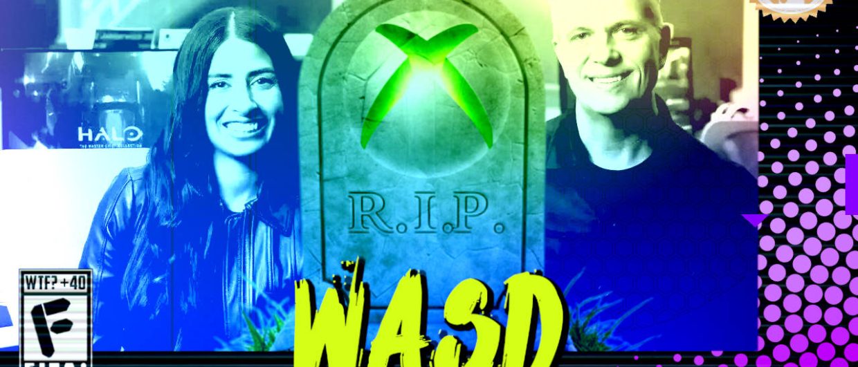 Capa do WASD podcast mostrando uma lápide com o símbolo da XBOX enquanto Asha Sharman e Matt Booty sorriem ao fundo em imagens em tons verdes. Na parte inferior, o título "WASD" em letras verde fluorescentes com tinta pingando, sobre o endereço farofeiros.com.br. No canto inferior esquerdo, classificação indicativa paródica "WTF? +40" e " F" e "EITA!". No canto superior direito, o logotipo do Farofeiros em dourado. À direita, painel decorativo preto com bolinhas roxas em estilo retro como se fosse a caixa de um jogo de Super Nintendo.
