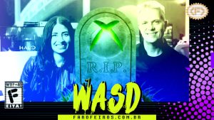 Capa do WASD podcast mostrando uma lápide com o símbolo da XBOX enquanto Asha Sharman e Matt Booty sorriem ao fundo em imagens em tons verdes. Na parte inferior, o título "WASD" em letras verde fluorescentes com tinta pingando, sobre o endereço farofeiros.com.br. No canto inferior esquerdo, classificação indicativa paródica "WTF? +40" e " F" e "EITA!". No canto superior direito, o logotipo do Farofeiros em dourado. À direita, painel decorativo preto com bolinhas roxas em estilo retro como se fosse a caixa de um jogo de Super Nintendo.
