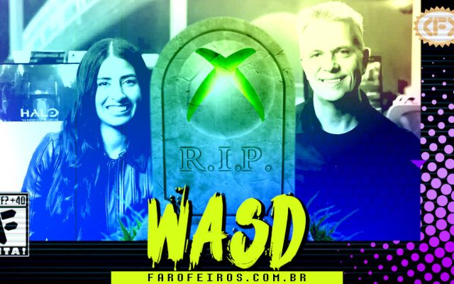 Capa do WASD podcast mostrando uma lápide com o símbolo da XBOX enquanto Asha Sharman e Matt Booty sorriem ao fundo em imagens em tons verdes. Na parte inferior, o título "WASD" em letras verde fluorescentes com tinta pingando, sobre o endereço farofeiros.com.br. No canto inferior esquerdo, classificação indicativa paródica "WTF? +40" e " F" e "EITA!". No canto superior direito, o logotipo do Farofeiros em dourado. À direita, painel decorativo preto com bolinhas roxas em estilo retro como se fosse a caixa de um jogo de Super Nintendo.