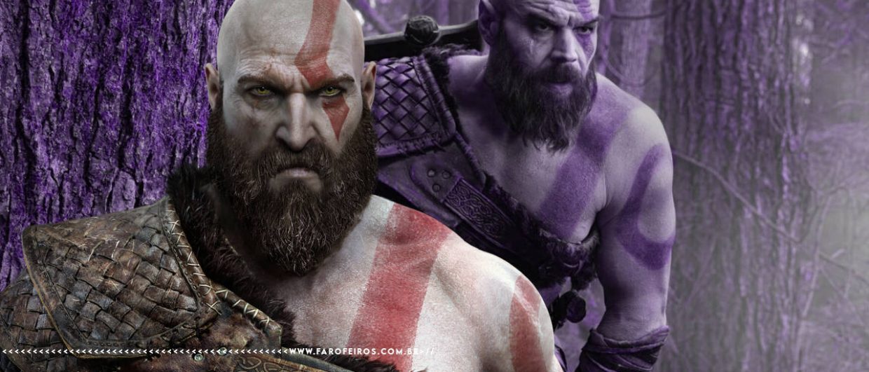 Montagem com Kratos digital do jogo God of War à frente de foto da série com ator real com um filtro roxo. Na faixa inferior o endereço farofeiros.com.br.