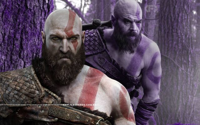 Montagem com Kratos digital do jogo God of War à frente de foto da série com ator real com um filtro roxo. Na faixa inferior o endereço farofeiros.com.br.