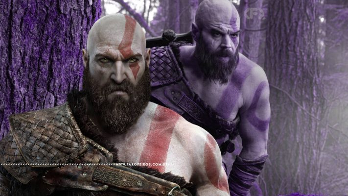 Montagem com Kratos digital do jogo God of War à frente de foto da série com ator real com um filtro roxo. Na faixa inferior o endereço farofeiros.com.br.