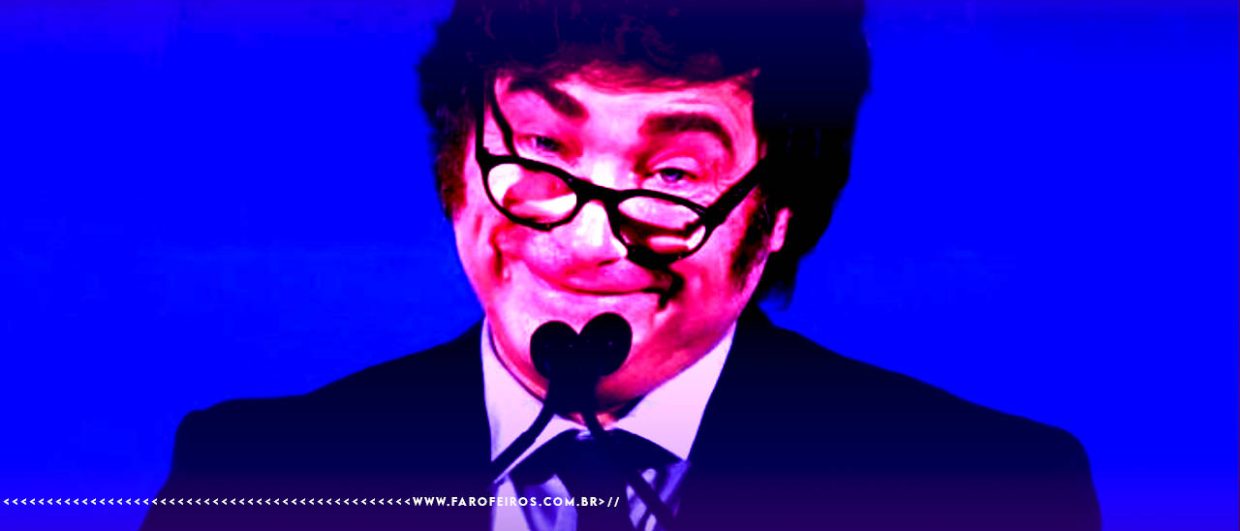 Montagem com efeito de alta exposição de Javir Milei sorrindo com os óculos caidos sobre o nariz e possivelmente usando fralda.