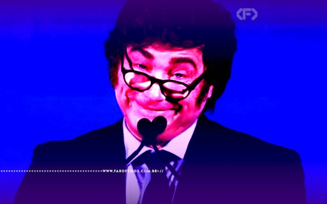 Montagem com efeito de alta exposição de Javir Milei sorrindo com os óculos caidos sobre o nariz e possivelmente usando fralda.