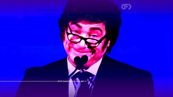 Montagem com efeito de alta exposição de Javir Milei sorrindo com os óculos caidos sobre o nariz e possivelmente usando fralda.