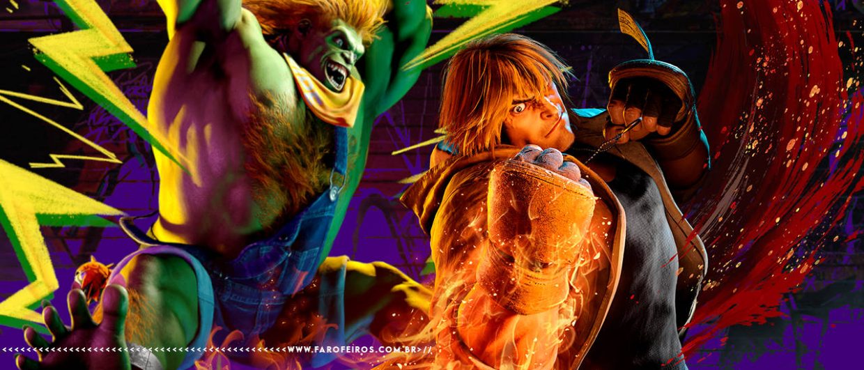 Montagem com os personagens de Street Fighter erguendo o punho enquanto Blanka pula em suas costas. Na faixa inferior o endereço farofeiros.com.br.