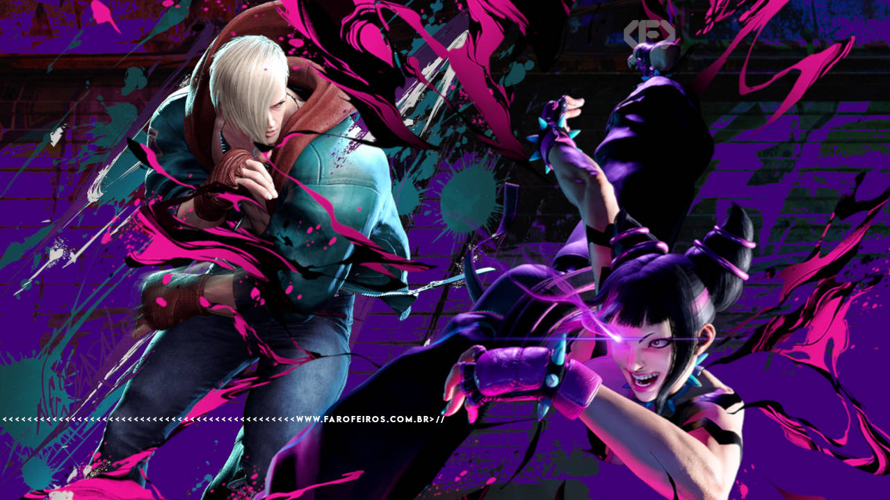 Montagem com os personagens de Street Fighter lutando. Na faixa inferior o endereço farofeiros.com.br.