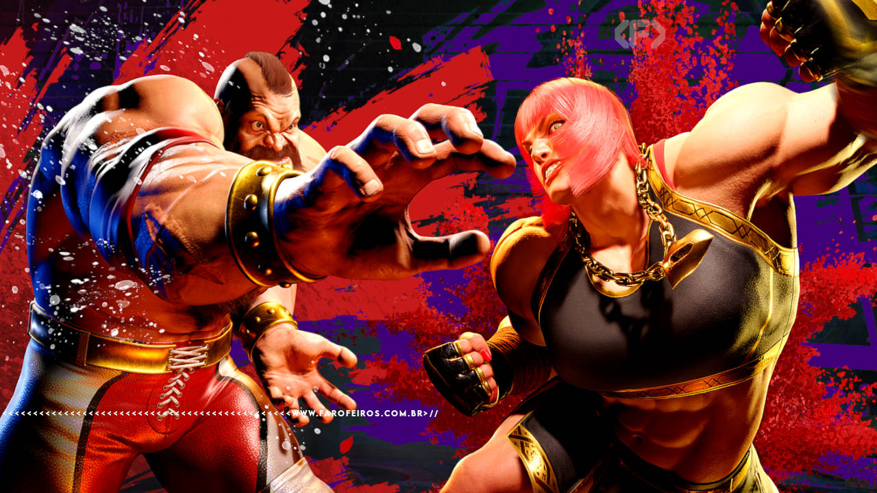 Montagem com os personagens de Street Fighter lutando em um fundo roxo com efeitos de tinta vermelha atrás dos lutadores. Na faixa inferior o endereço farofeiros.com.br.
