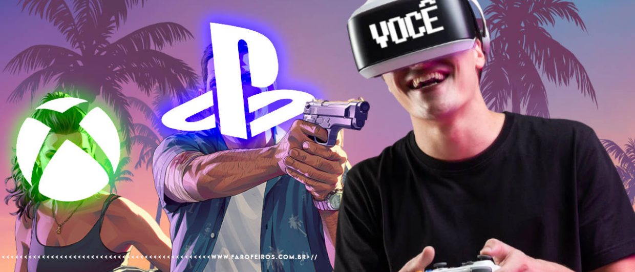 Montagem de GTA 6 com os personagens com seus rostos substituídos pelo logo do PlayStation e do XBOX apontando uma arma contra uma pessoa jogando videogame. Na faixa inferior o endereço farofeiros.com.br.