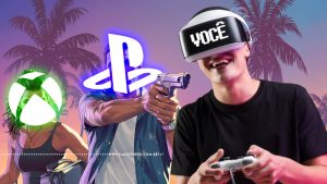 Montagem de GTA 6 com os personagens com seus rostos substituídos pelo logo do PlayStation e do XBOX apontando uma arma contra uma pessoa jogando videogame. Na faixa inferior o endereço farofeiros.com.br.