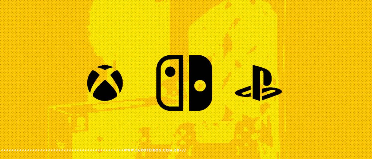 Montagem digital com fundo amarelo com imagens desfocadas de consoles de videogames e os símbolos de XBOX Switch e Playstation em preto no primeiro plano. Na faixa inferior o endereço farofeiros.com.br.
