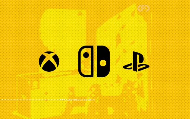 Montagem digital com fundo amarelo com imagens desfocadas de consoles de videogames e os símbolos de XBOX Switch e Playstation em preto no primeiro plano. Na faixa inferior o endereço farofeiros.com.br.