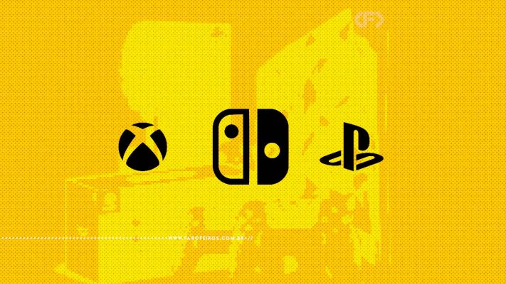 Montagem digital com fundo amarelo com imagens desfocadas de consoles de videogames e os símbolos de XBOX Switch e Playstation em preto no primeiro plano. Na faixa inferior o endereço farofeiros.com.br.