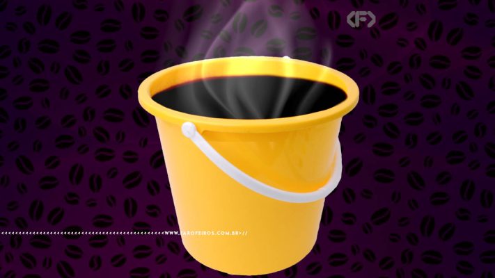 Montagem digital de um balde amarelo com café quentinho dentro - o fundo em tons de roxo se contrata com grãos de café espalhados. Na faixa inferior o endereço farofeiros.com.br.