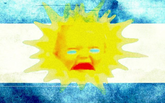Montagem representando a bandeira argentina com alto contraste cores estouradas e um solzinho com um bebê chorando ao centro. Na faixa inferior o endereço farofeiros.com.br.