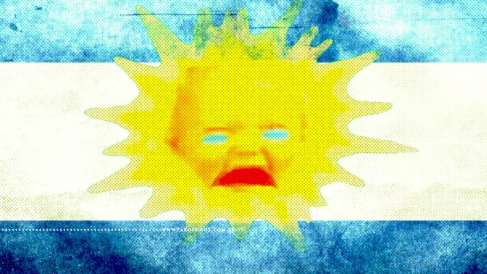 Montagem representando a bandeira argentina com alto contraste cores estouradas e um solzinho com um bebê chorando ao centro. Na faixa inferior o endereço farofeiros.com.br.