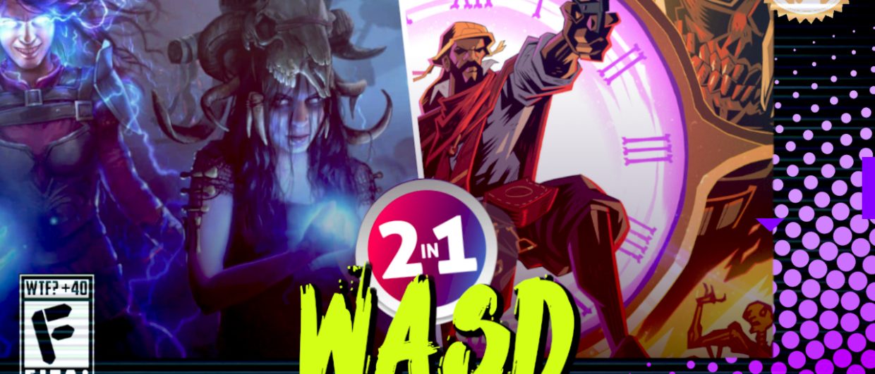 Capa do WASD podcast mostrando personagens do jogo Path of Exile com bolas de energia e crânios do lado esquerdo e o sertanejo empunhando uma pistola com um relógio ao fundo de HellClock do lado direito com um "2 in 1" no divisão das imagens. Na parte inferior, o título "WASD" em letras verde fluorescentes com tinta pingando, sobre o endereço farofeiros.com.br. No canto inferior esquerdo, classificação indicativa paródica "WTF? +40" e " F" e "EITA!". No canto superior direito, o logotipo do Farofeiros em dourado. À direita, painel decorativo preto com bolinhas roxas em estilo retro como se fosse a caixa de um jogo de Super Nintendo.