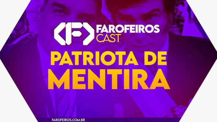 Capa do episódio 78 do Farofeiros Cast em um hexágono roxo e bordas brancas. No centro, o título do episódio em letras grandes amarelas e laranja: "PATRIOTA DE MENTIRA". Ao fundo se vê uma imagem com um filtro em tons roxos de Flávio Bolsonaro sorrindo ao lado do presidente argentino Milei antes dele pegar dinheiro emprestado dos EUA.