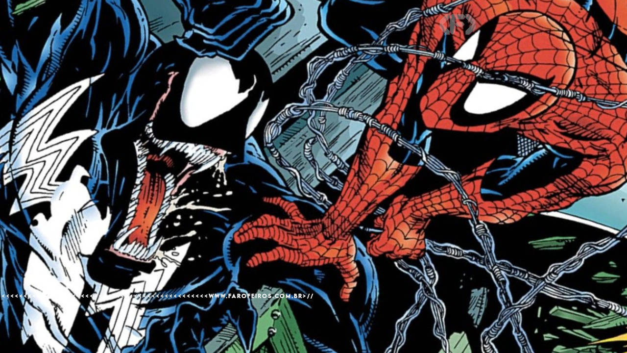 Recorte de quadrinhos mostrando uma luta entre Venom e Homem Aranha com arte de Todd Mcfarlane. Na faixa inferior o endereço farofeiros.com.br.