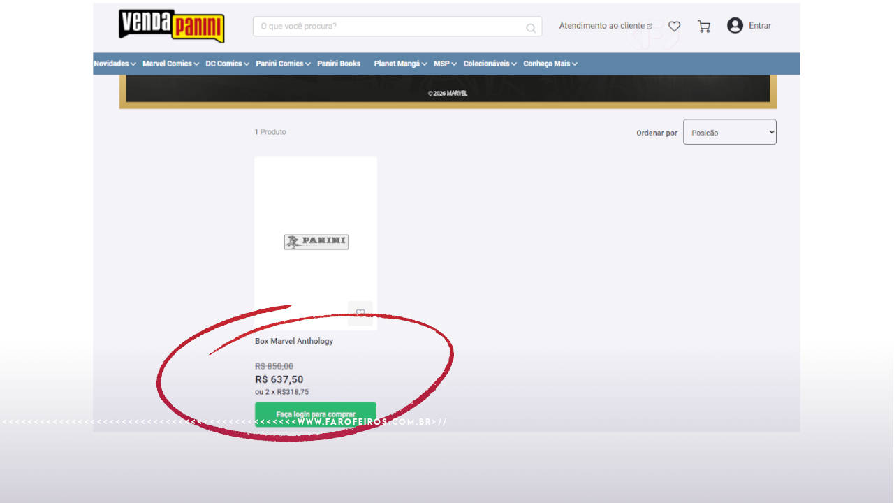 Screenshot do site vendas.panini mostrando o preços do Marvel Anthology por R$ 637.50. Aparentemente o produto foi removido.