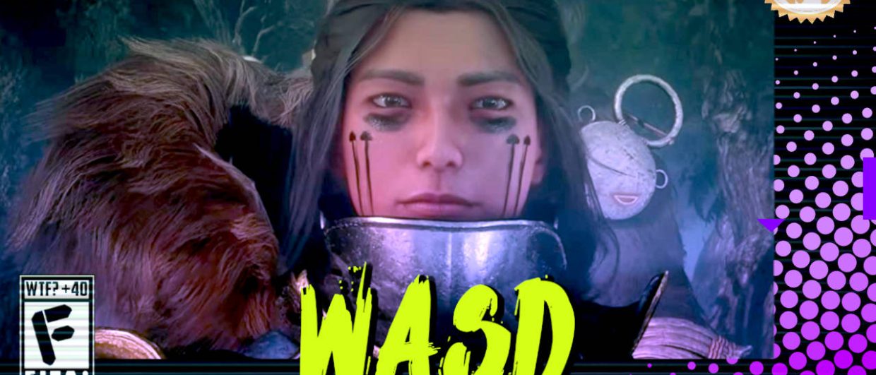 Capa do WASD podcast mostrando personagem feminina de Soulframe olhando em sua direção com pinturas pretas no rosto e uma armadura bem atípica. Na parte inferior, o título "WASD" em letras verde fluorescentes com tinta pingando, sobre o endereço farofeiros.com.br. No canto inferior esquerdo, classificação indicativa paródica "WTF? +40" e " F" e "EITA!". No canto superior direito, o logotipo do Farofeiros em dourado. À direita, painel decorativo preto com bolinhas roxas em estilo retro como se fosse a caixa de um jogo de Super Nintendo.