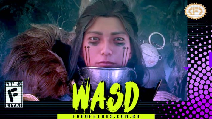 Capa do WASD podcast mostrando personagem feminina de Soulframe olhando em sua direção com pinturas pretas no rosto e uma armadura bem atípica. Na parte inferior, o título "WASD" em letras verde fluorescentes com tinta pingando, sobre o endereço farofeiros.com.br. No canto inferior esquerdo, classificação indicativa paródica "WTF? +40" e " F" e "EITA!". No canto superior direito, o logotipo do Farofeiros em dourado. À direita, painel decorativo preto com bolinhas roxas em estilo retro como se fosse a caixa de um jogo de Super Nintendo.