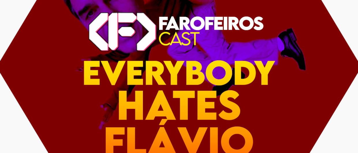 Capa do episódio 78 do Farofeiros Cast em um hexágono vermelho e roxo com bordas brancas. No centro, o título do episódio em letras grandes amarelas e laranja: "DIARREIA POLÍTICA". Ao fundo uma montagem de Flávio Bolsonaro sendo carregado por dois dedos gigantes em referência à série Everybody Hates Chris.