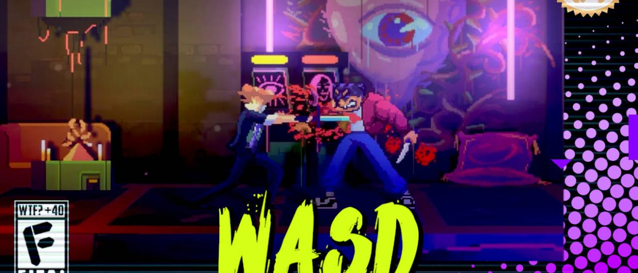 Capa do WASD podcast mostrando uma cena do jogo Anomaly President onde o jogador dá uma espadada no inimigo e sangue jorra em uma arte pixelada. Na parte inferior, o título "WASD" em letras verde fluorescentes com tinta pingando, sobre o endereço farofeiros.com.br. No canto inferior esquerdo, classificação indicativa paródica "WTF? +40" e " F" e "EITA!". No canto superior direito, o logotipo do Farofeiros em dourado. À direita, painel decorativo preto com bolinhas roxas em estilo retro como se fosse a caixa de um jogo de Super Nintendo.
