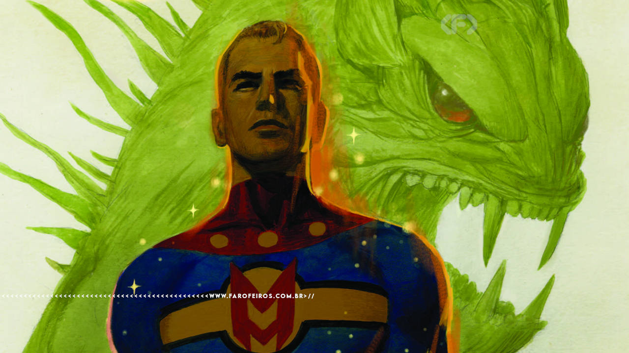 Arte de Ronaldo Del Carmen de Miracleman em pé em frente de uma criatura verde ameaçadora ao fundo