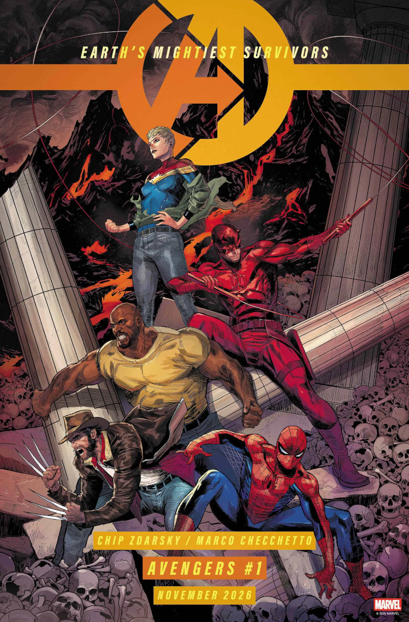 Capa de Avengers Earths Mightiest Survivors #1 da Marvel Comics mostrando Capitã Marvel - Demolidor - Luke Cage - Wolverine e Homem Aranha em meio a escombros e crânios humanos em pose defensiva