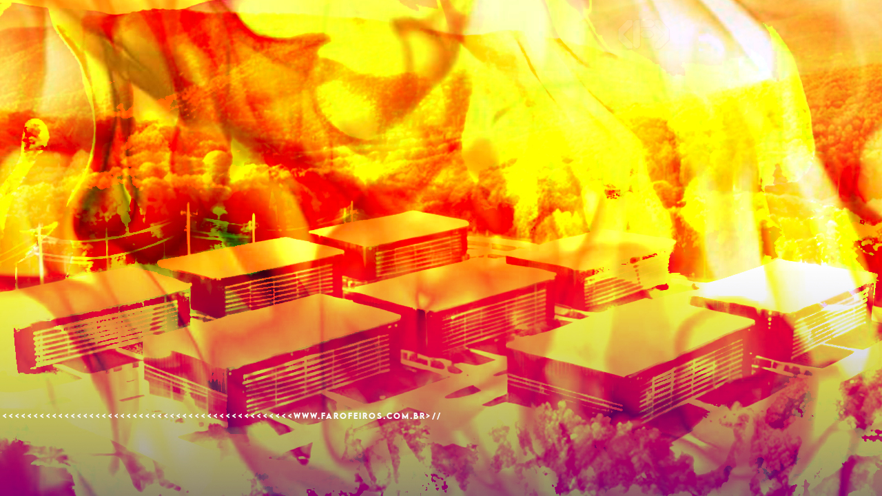 Colagem digital com efeito de alta exposição com chamas saindo de prédios de data centers.