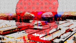 Colagem digital que tem como fundo um complexo de data centers com uma caveira em tons de vermelho desenhada por cima.