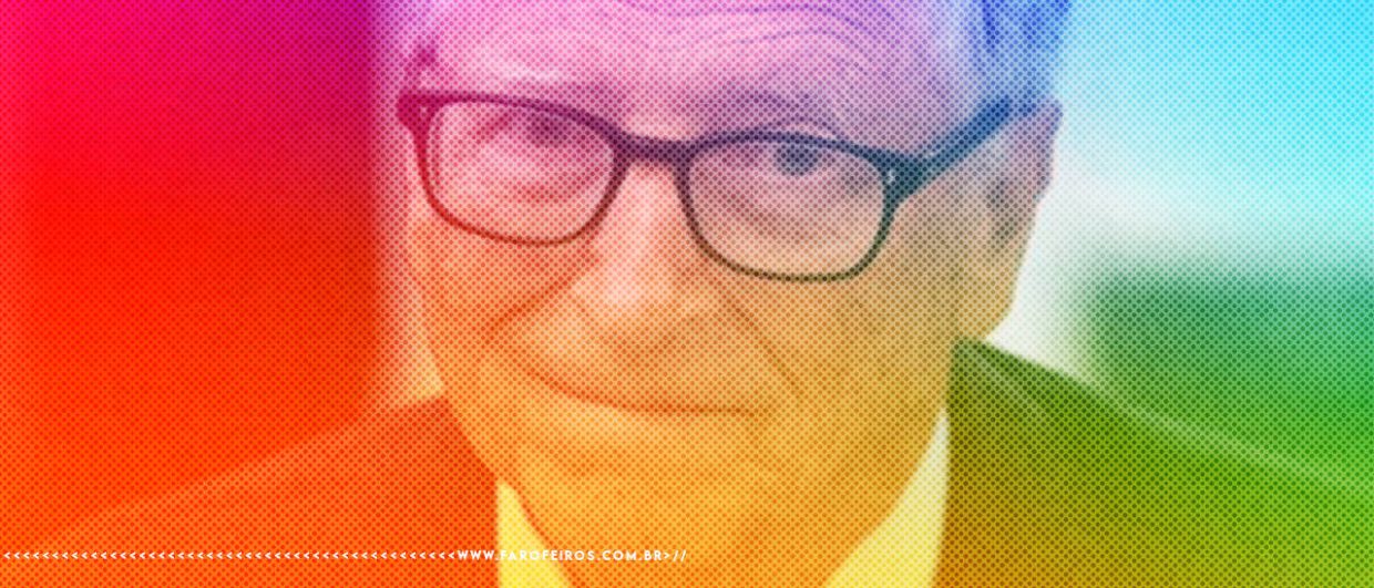 Foto de Bill Gates de frente com um sorisso torto olhando para a câmera com efeito de filtro multicolorido
