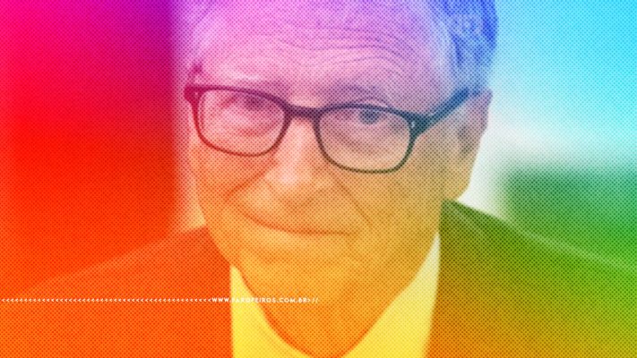 Foto de Bill Gates de frente com um sorisso torto olhando para a câmera com efeito de filtro multicolorido