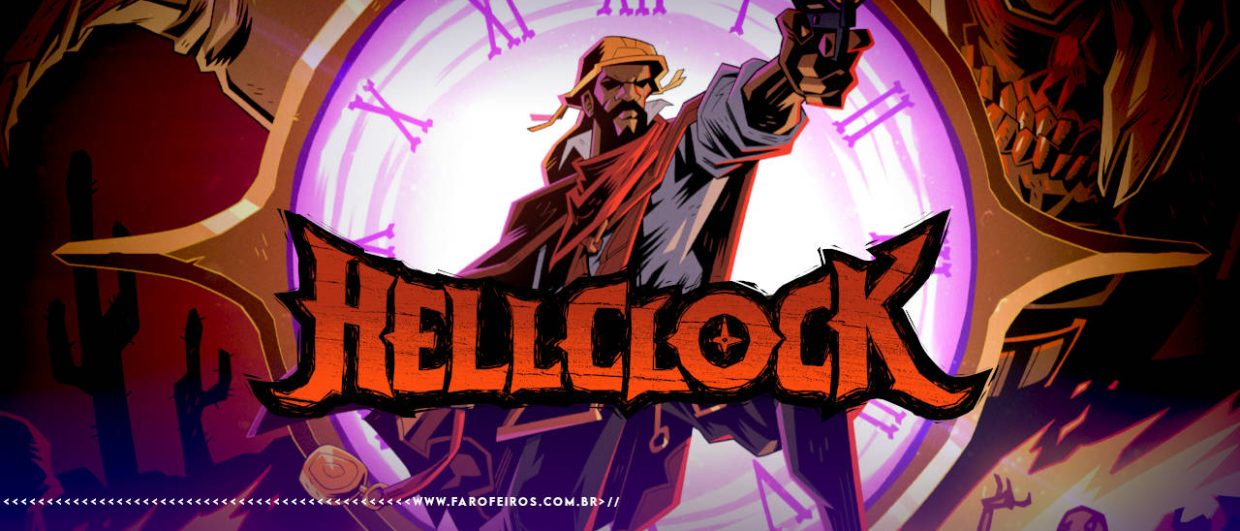 Recorte da imagem da capa do jogo Hell Clock onde seu protagonista, um homem negro com capéu sertanejo e lenço vermelho ao redor do pescoço, empunha uma arma com a sua mão esquerda estendida para frente no estilo de histórias em quadrinhos. Isto ocorre à frente de um relógio dourado com fundo brando e números em tons de rosa brilhantes.