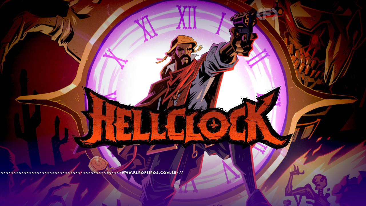 Recorte da imagem da capa do jogo Hell Clock onde seu protagonista, um homem negro com capéu sertanejo e lenço vermelho ao redor do pescoço, empunha uma arma com a sua mão esquerda estendida para frente no estilo de histórias em quadrinhos. Isto ocorre à frente de um relógio dourado com fundo brando e números em tons de rosa brilhantes.