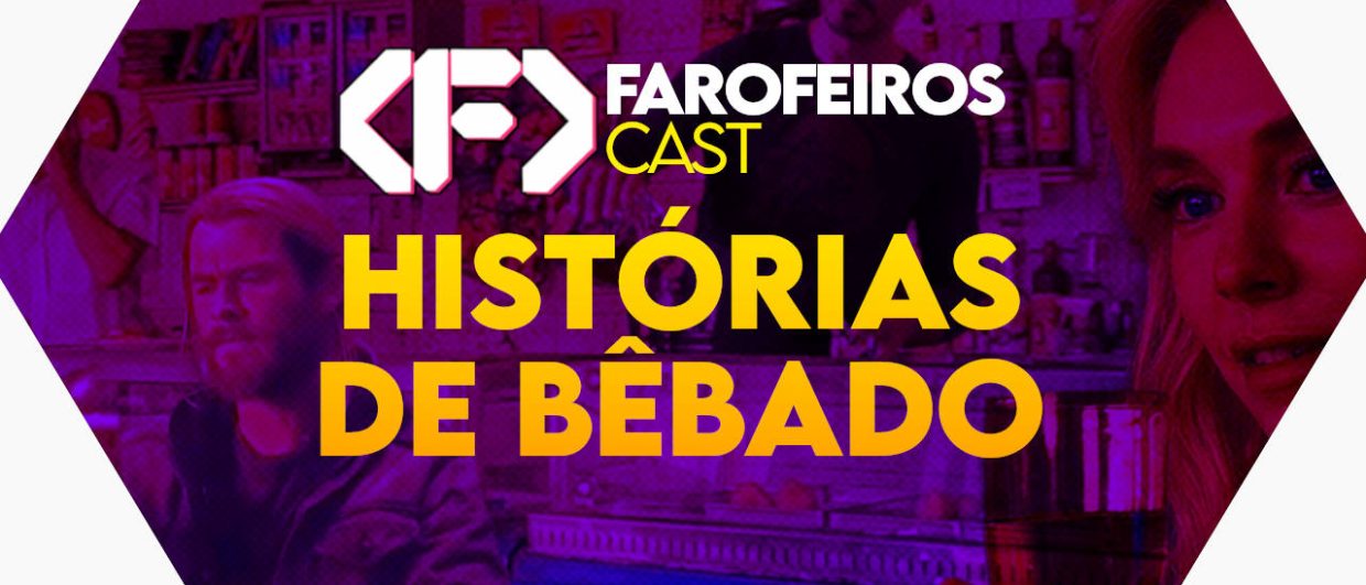 Capa do episódio 84 do Farofeiros Cast em um hexágono vermelho e roxo com bordas brancas. No centro, o título do episódio em letras grandes amarelas e laranja: "HISTÓRIAS DE BÊBADO". Ao fundo uma foto em alto contraste em tons roxos de uma montagem onde Tony Stark serve uma bebida, Thor e Mulher Invisível seguram copos.